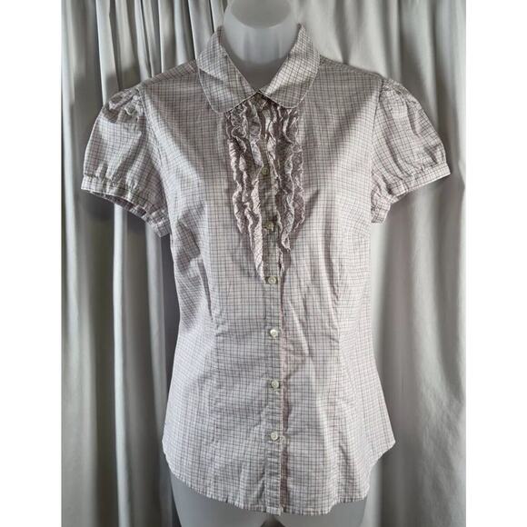 Ann Taylor LOFT Ruffled Top White Red Black 10 cottagecore 73-77 - Picture 10 of 15